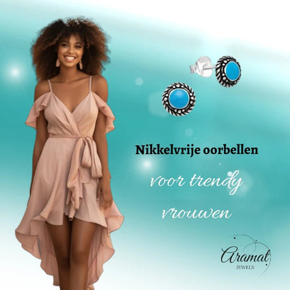 Oorstekers – Sterling Zilver Bali Etnisch Blauw Emaille 6mm Rond Geoxideerd - Aramat Jewels - Oorbellen - cadeautip