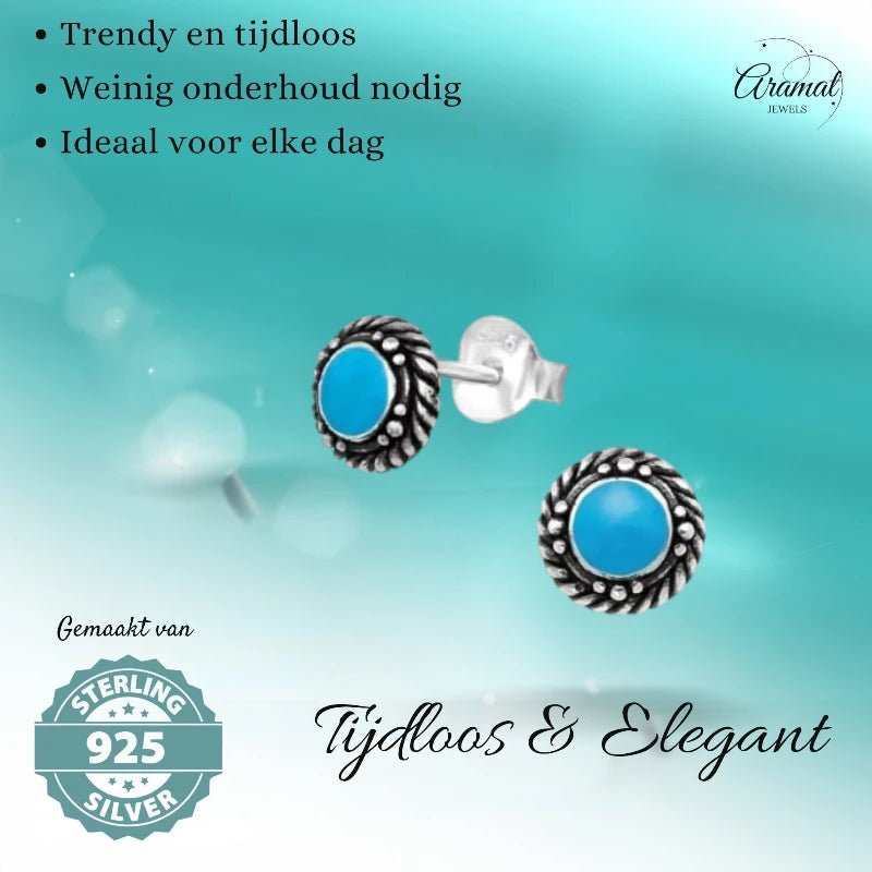 Oorstekers – Sterling Zilver Bali Etnisch Blauw Emaille 6mm Rond Geoxideerd - Aramat Jewels - Oorbellen - cadeautip