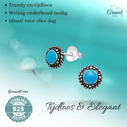 Oorstekers – Sterling Zilver Bali Etnisch Blauw Emaille 6mm Rond Geoxideerd - Aramat Jewels - Oorbellen - cadeautip