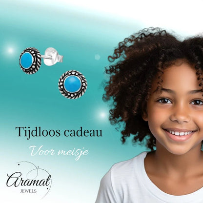 Oorstekers – Sterling Zilver Bali Etnisch Blauw Emaille 6mm Rond Geoxideerd - Aramat Jewels - Oorbellen - cadeautip