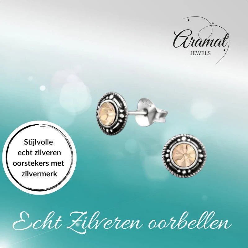 Oorstekers – Sterling Zilver Bali Etnisch Champagne Kristal 7mm Dames - Aramat Jewels - Oorbellen - cadeautip