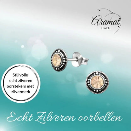 Oorstekers – Sterling Zilver Bali Etnisch Champagne Kristal 7mm Dames - Aramat Jewels - Oorbellen - cadeautip