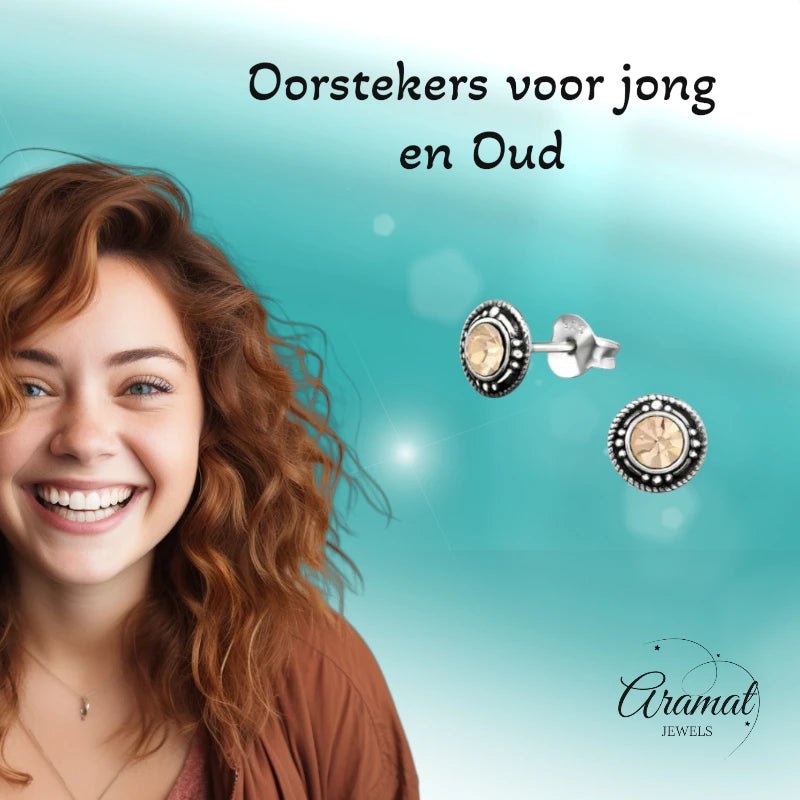 Oorstekers – Sterling Zilver Bali Etnisch Champagne Kristal 7mm Dames - Aramat Jewels - Oorbellen - cadeautip