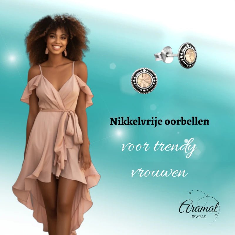 Oorstekers – Sterling Zilver Bali Etnisch Champagne Kristal 7mm Dames - Aramat Jewels - Oorbellen - cadeautip