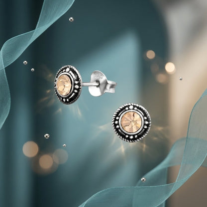 Oorstekers – Sterling Zilver Bali Etnisch Champagne Kristal 7mm Dames - Aramat Jewels - Oorbellen - cadeautip