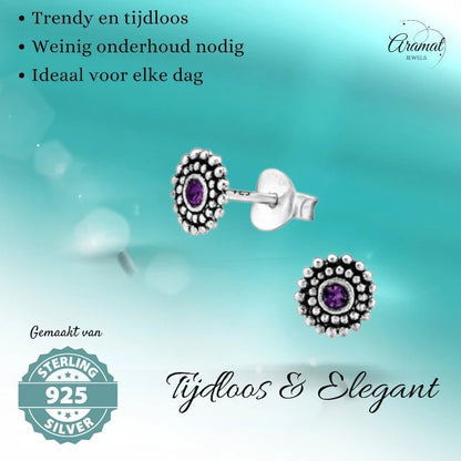 Oorstekers – Sterling Zilver Bali Etnisch Paars Kristal 6mm Dames - Aramat Jewels - Oorbellen - cadeautip