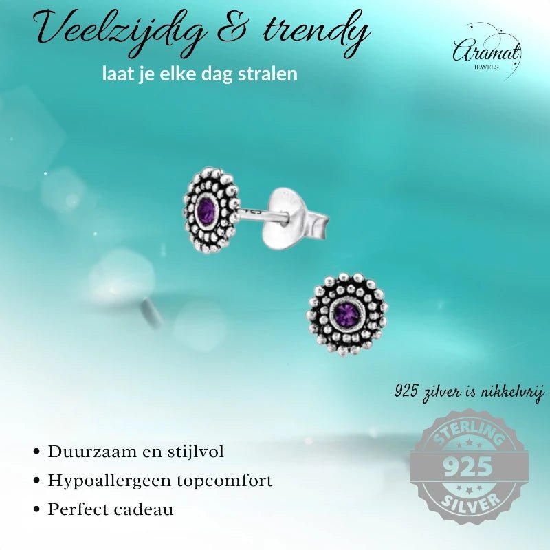 Zilveren studs Bali stijl 6mm paars, traditionele sieraden voor minimalistische look.