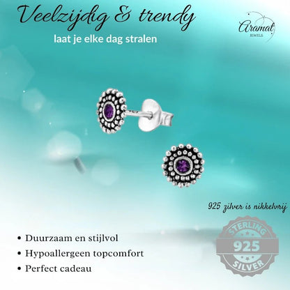 Zilveren studs Bali stijl 6mm paars, traditionele sieraden voor minimalistische look.