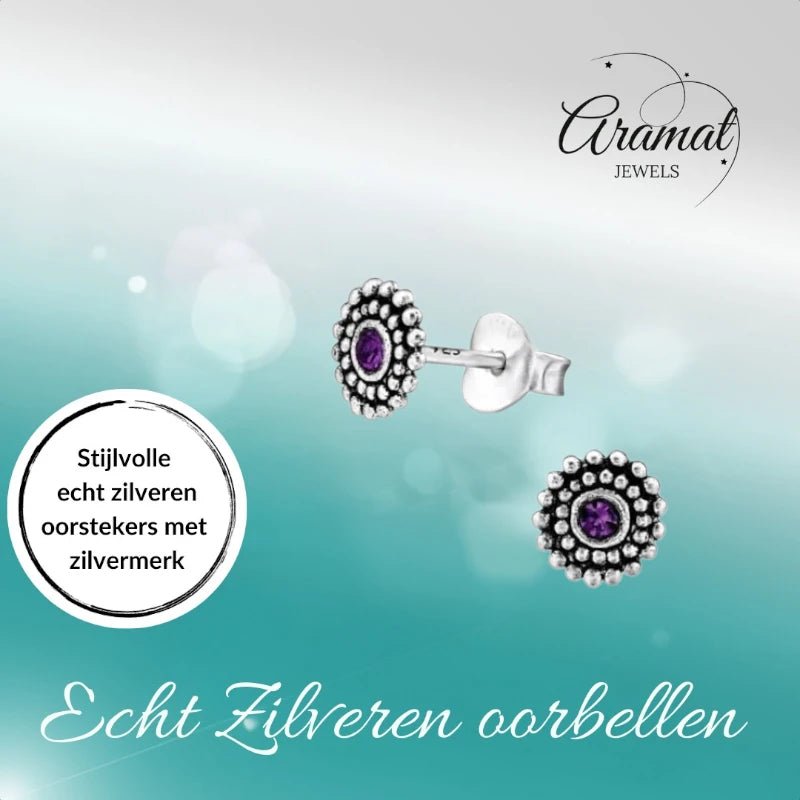Oorstekers – Sterling Zilver Bali Etnisch Paars Kristal 6mm Dames - Aramat Jewels - Oorbellen - cadeautip