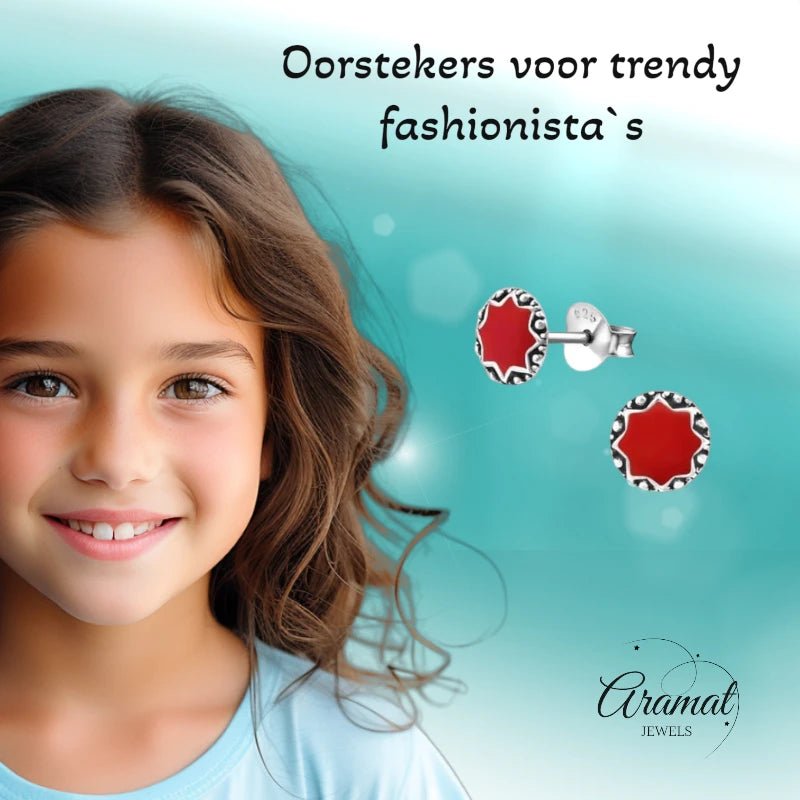 Oorstekers – Sterling Zilver Bali Etnisch Rood Emaille 6mm Rond Geoxideerd - Aramat Jewels - Oorbellen - cadeautip