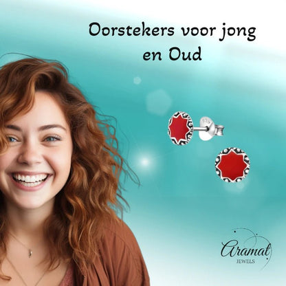 Oorstekers – Sterling Zilver Bali Etnisch Rood Emaille 6mm Rond Geoxideerd - Aramat Jewels - Oorbellen - cadeautip