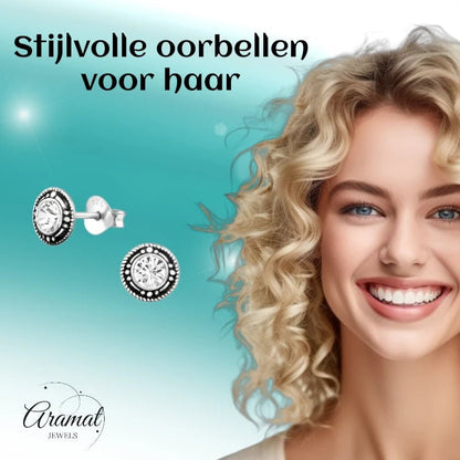 Oorstekers – Sterling Zilver Bali Etnisch Transparant Kristal 7mm Rond Geoxideerd - Aramat Jewels - Oorbellen - cadeautip