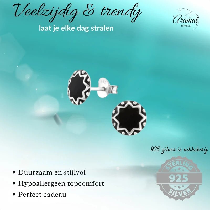 Oorstekers – Sterling Zilver Bali Etnisch Zwart Emaille 8mm Rond Geoxideerd - Aramat Jewels - Oorbellen - cadeautip