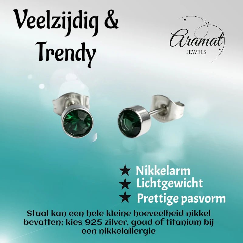 Oorstuds – Staal Kristal Groen Zilverkleur (5mm) - Aramat Jewels - Oorbellen - cadeautip