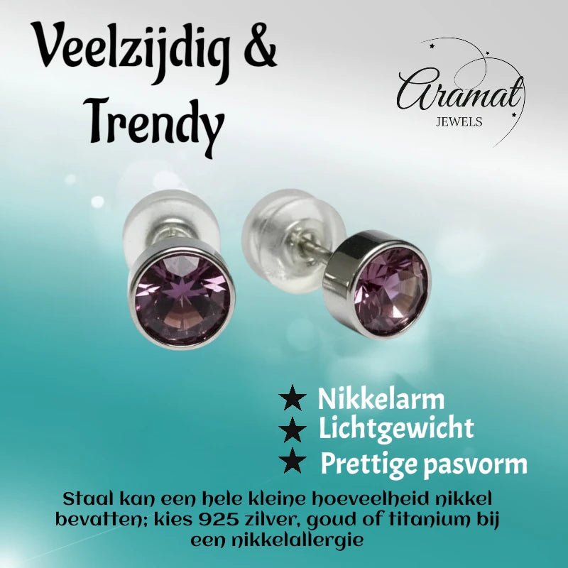 Oorstuds – Staal Kristal Licht Paars Zilverkleur (5mm) - Aramat Jewels - Oorbellen - cadeautip