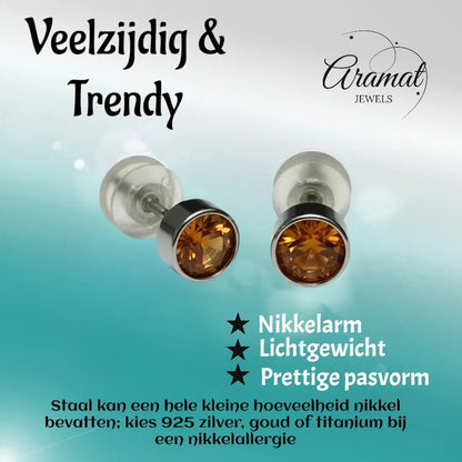 Oorstuds – Staal Kristal Topaas Bruin Zilverkleur (5mm) - Aramat Jewels - Oorbellen - cadeautip