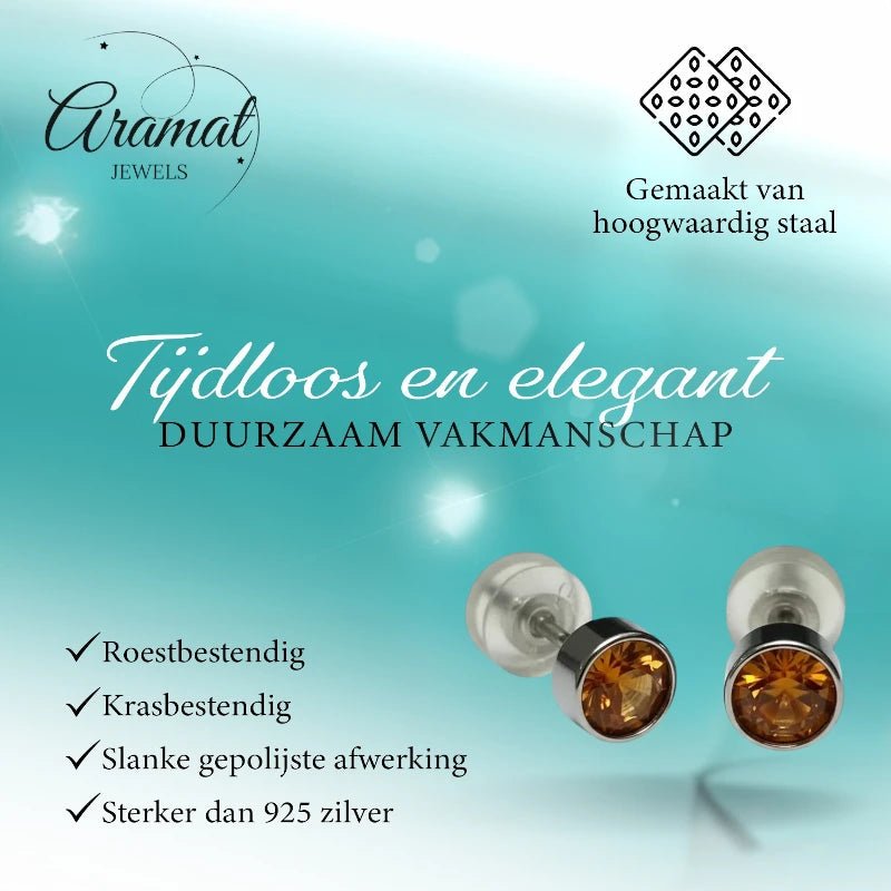 Oorstuds – Staal Kristal Topaas Bruin Zilverkleur (5mm) - Aramat Jewels - Oorbellen - cadeautip