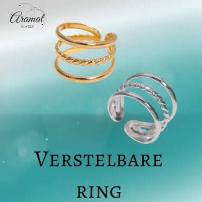 Open Ring Driedubbele Band: Glad en Gedraaid (15 mm Breed) - Aramat Jewels - Ringen - cadeautip