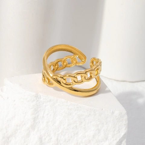 Open Ring Gekruist Motief: Glad en Schakel (RVS Verstelbaar) - Aramat Jewels - Ringen - cadeautip