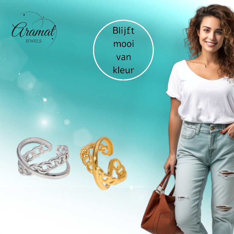 Open Ring Gekruist Motief: Glad en Schakel (RVS Verstelbaar) - Aramat Jewels - Ringen - cadeautip