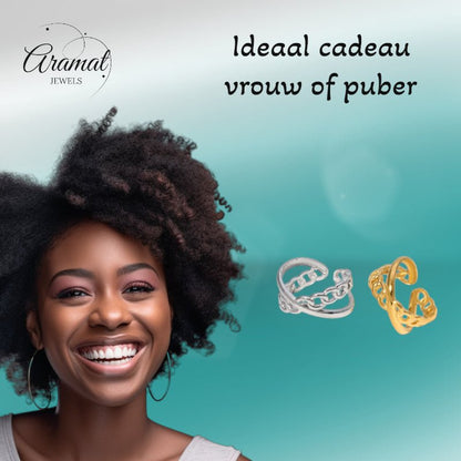 Open Ring Gekruist Motief: Glad en Schakel (RVS Verstelbaar) - Aramat Jewels - Ringen - cadeautip