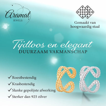 Open Ring Gekruiste Lijn met Bolletjes Reliëf (Verstelbaar RVS) - Aramat Jewels - Ringen - cadeautip