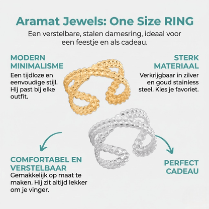 Open Ring Gekruiste Lijn met Bolletjes Reliëf (Verstelbaar RVS) - Aramat Jewels - Ringen - cadeautip