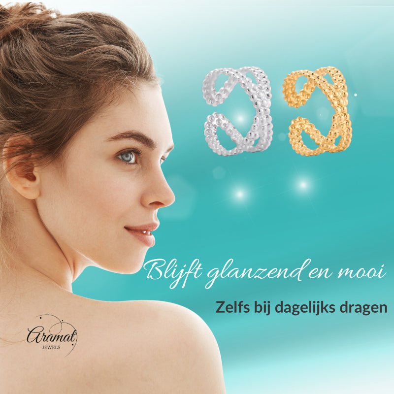 Open Ring Gekruiste Lijn met Bolletjes Reliëf (Verstelbaar RVS) - Aramat Jewels - Ringen - cadeautip