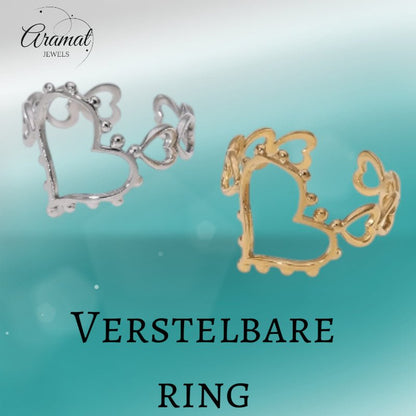 Open Ring Hartjes Schakel met Bolletjes Versiering (RVS Verstelbaar) - Aramat Jewels - Ringen - cadeautip