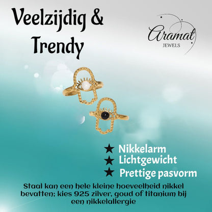 Open Ring RVS Hamsa Hand en Oog met Emaille (18 mm) - Aramat Jewels - Ringen - cadeautip