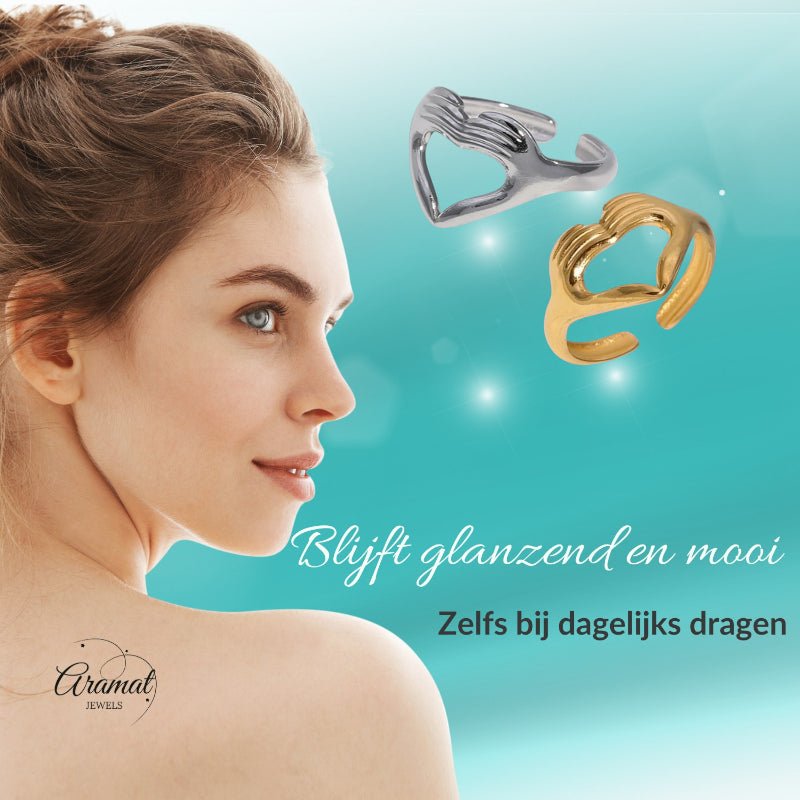 Open Ring RVS Hart met Handen Symbool (14 mm Breed) - Aramat Jewels - Ringen - cadeautip