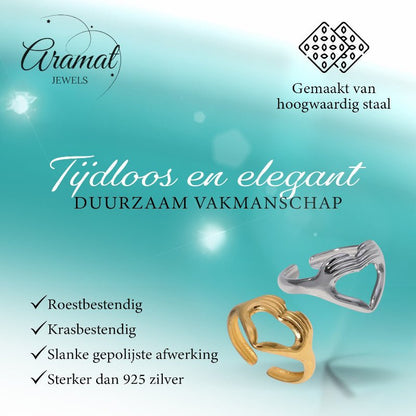Open Ring RVS Hart met Handen Symbool (14 mm Breed) - Aramat Jewels - Ringen - cadeautip