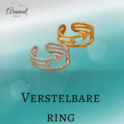 Open Ring RVS met Drie Sterren en Maan (9 mm) - Aramat Jewels - Ringen - cadeautip