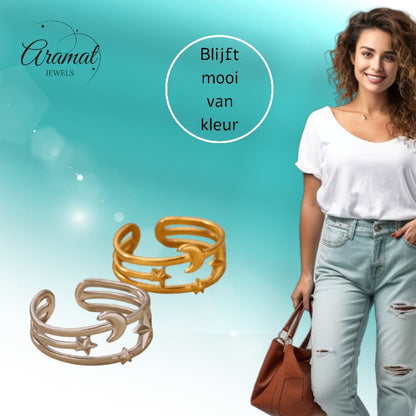 Open Ring RVS met Drie Sterren en Maan (9 mm) - Aramat Jewels - Ringen - cadeautip