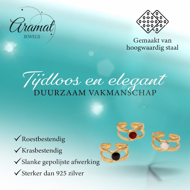 Open Ring RVS met Gehamerd Motief en Emaille Cirkel (9,5 mm) - Aramat Jewels - Ringen - cadeautip