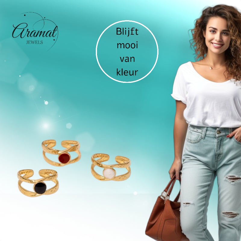 Open Ring RVS met Gehamerd Motief en Emaille Cirkel (9,5 mm) - Aramat Jewels - Ringen - cadeautip