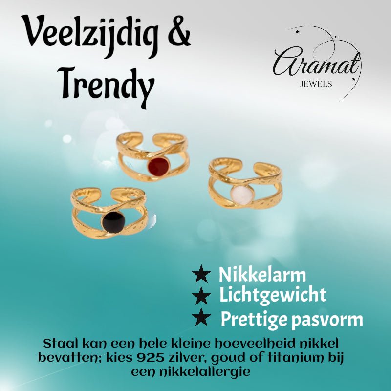 Open Ring RVS met Gehamerd Motief en Emaille Cirkel (9,5 mm) - Aramat Jewels - Ringen - cadeautip