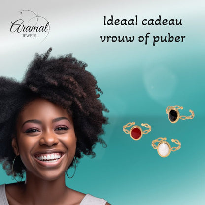 Open Ring RVS Ovaal Emaille met Dot Reliëf (Goudkleurig) - Aramat Jewels - Ringen - cadeautip