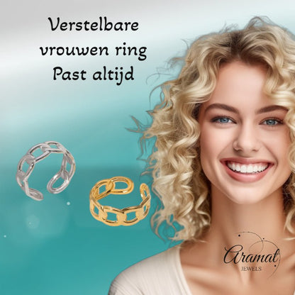 Open Ring Schakel Motief: Gladde en Fijne Schakelband (8 mm) - Aramat Jewels - Ringen - cadeautip