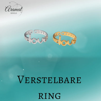 Open Ring Schakel Motief met 'Love' Letters (8 mm Verstelbaar) - Aramat Jewels - Ringen - cadeautip