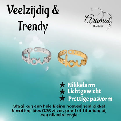 Open Ring Schakel Motief met 'Love' Letters (8 mm Verstelbaar) - Aramat Jewels - Ringen - cadeautip