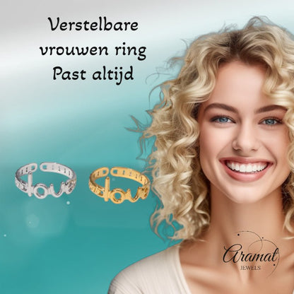 Open Ring Schakel Motief met 'Love' Letters (8 mm Verstelbaar) - Aramat Jewels - Ringen - cadeautip