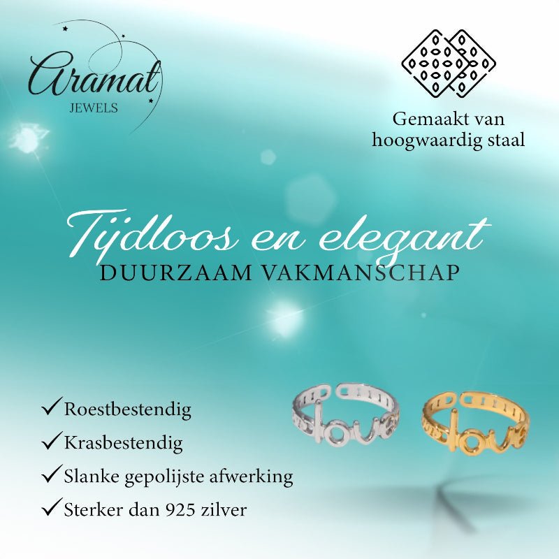 Open Ring Schakel Motief met 'Love' Letters (8 mm Verstelbaar) - Aramat Jewels - Ringen - cadeautip