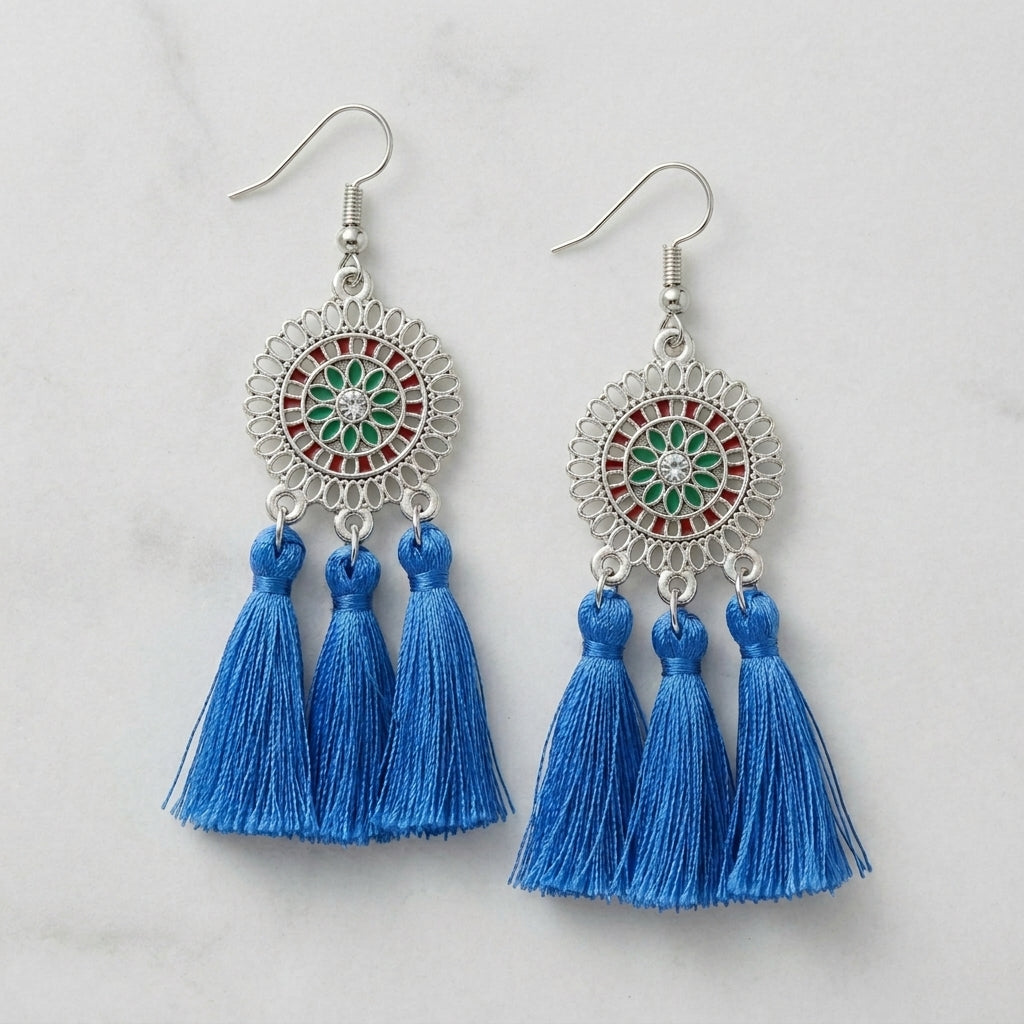 Zomerse Boho Oorhangers Kwastjes Blauw 75mm