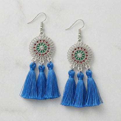 Zomerse Boho Oorhangers Kwastjes Blauw 75mm