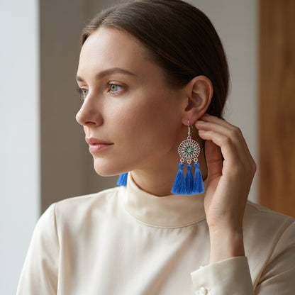 Zomerse Boho Oorhangers Kwastjes Blauw 75mm