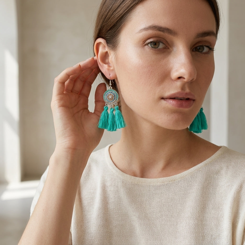 Zomerse Boho Oorhangers Kwastjes Mint 75mm