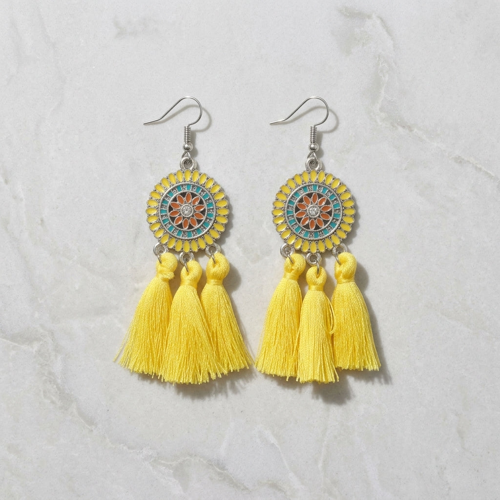 Zomerse Boho Oorhangers Kwastjes Geel 75mm