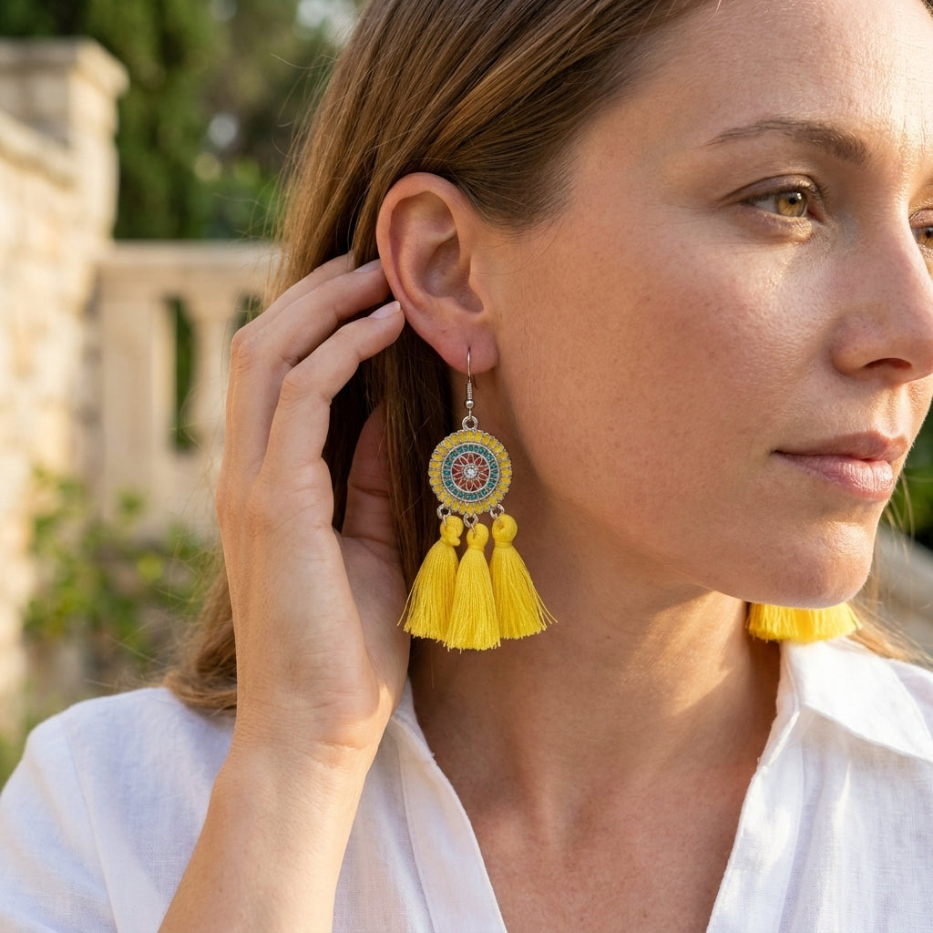 Zomerse Boho Oorhangers Kwastjes Geel 75mm