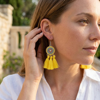 Zomerse Boho Oorhangers Kwastjes Geel 75mm